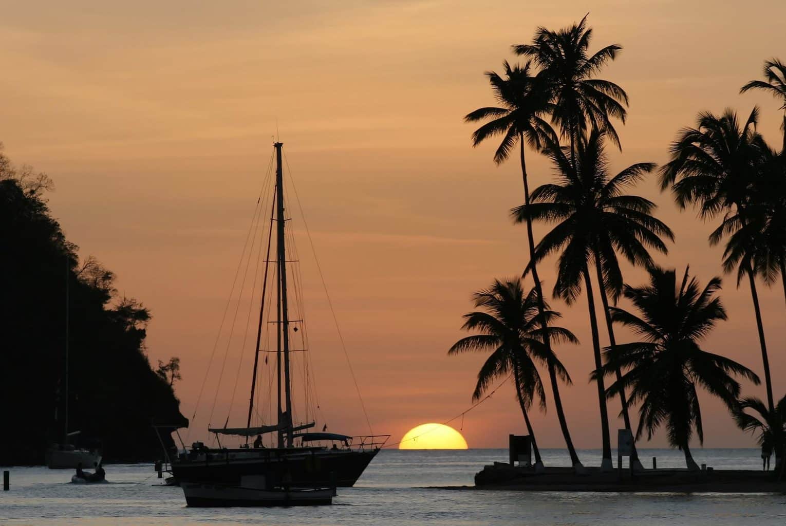 Luxury Holiday to St Lucia - Boat, palm tree on ocean at sunset