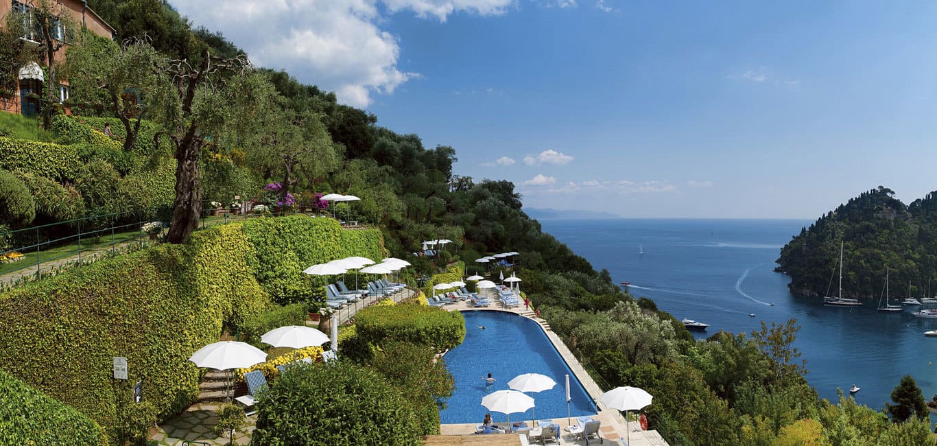 View of the swimming pool in the hills at Belmond Hotel Splendido in Portofino Italy.