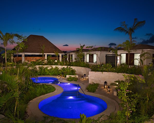 The spa at Dreams Playa Mujeres in the evening