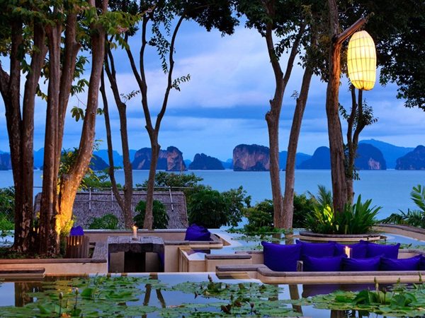 View from the den at night in Six Senses Yao Noi overlooking Phang Nga Bay in Thailand