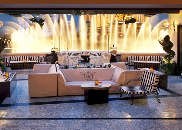 View of the lounge and fountains at Bellagio in Las Vegas.