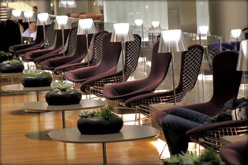 Interior view of the Al Mourjan Lounge at Hamad International Airport in Doha, Qatar