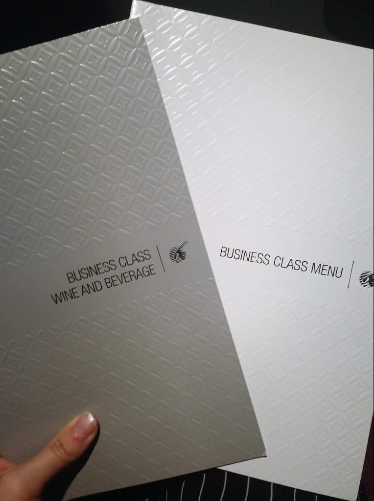 View of the wine and beverage and food menu for Qatar Airways Business Class
