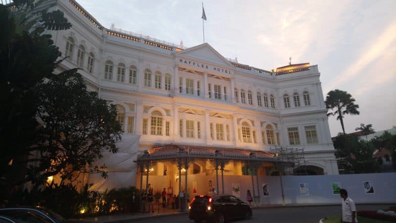 Entrance to Raffles Singapore Hotel, half boarded up due to phase two of restoration programme.
