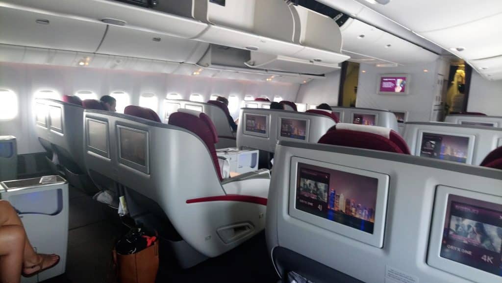 View of the cabin in Qatar Airways Business Class onboard the A330
