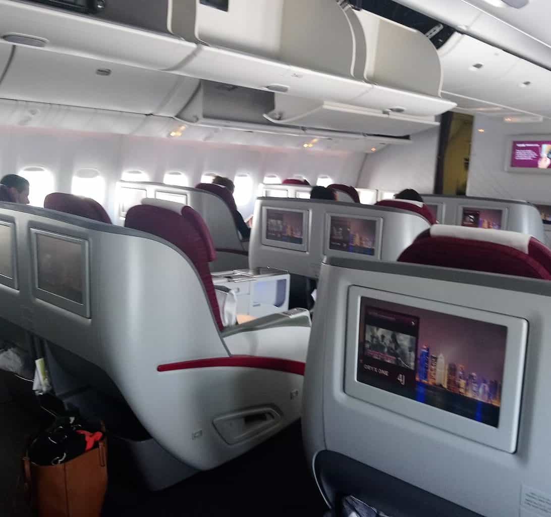 View of the cabin in Qatar Airways Business Class onboard the A330