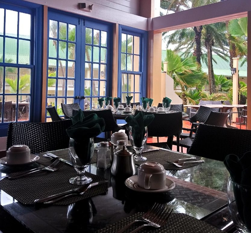 The Rainbow Garden Restaurant set up for breakfast at St James Club Antigua