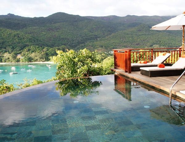 View of an infinity pool at Constance Ephelia in Mahe Seychelles.