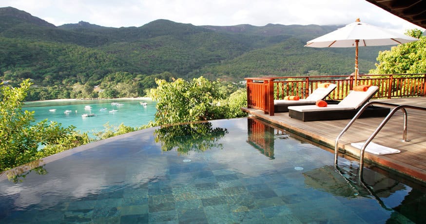 View of an infinity pool at Constance Ephelia in Mahe Seychelles.