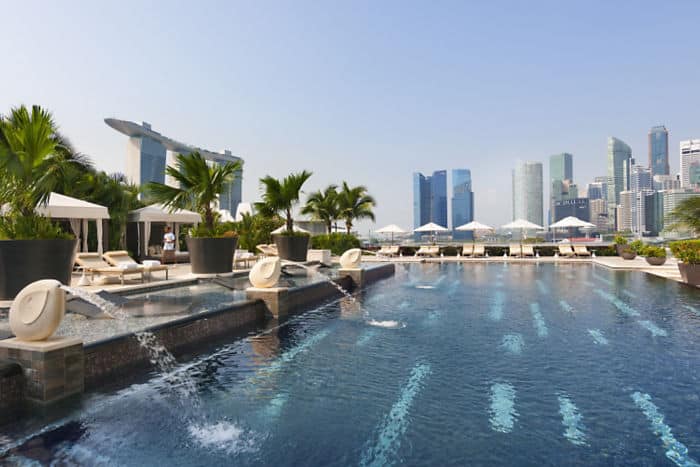 View of the outdoor swimming pool at Mandarin Oriental Singapore