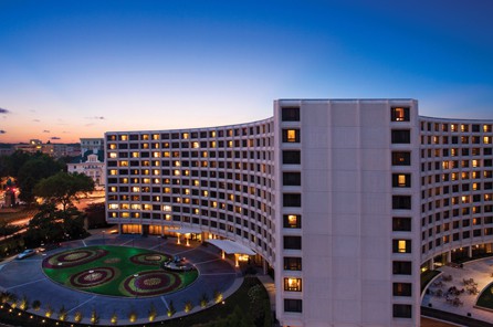 Exterior at dusk of Washington Hilton hotel in Washington DC, USA